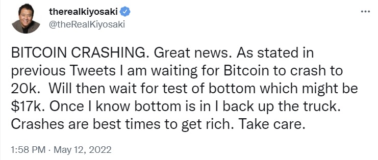 Rich Dad Poor Dad's Robert Kiyosaki Plans to Buy Bitcoin When the 'Bottom Is In' — Says It Could Be at $17K