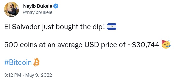 bukele tweet El Salvador Buys 500 Bitcoins Amid Crypto Bloodbath