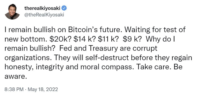 Robert Kiyosaki, de Rich Dad Poor Dad, cree que Bitcoin podría tocar fondo en $ 9,000 - Revela por qué sigue siendo optimista