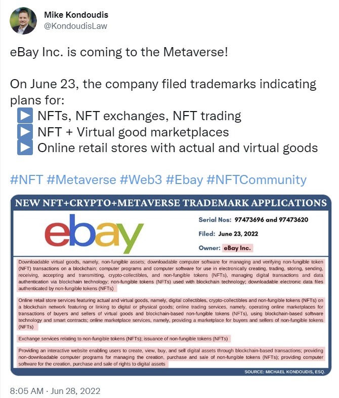 E-commerce Giant Ebay Files Trademark Applications Covering Wide Range of Metaverse, NFT Services Forks Daily