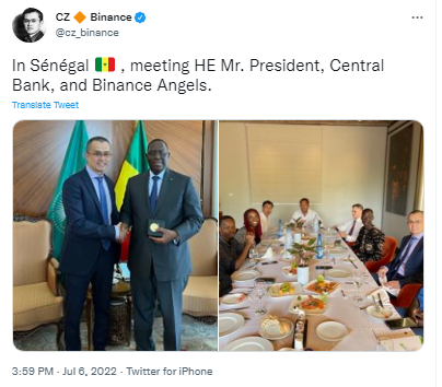 币安首席执行官会见塞内加尔和科特迪瓦总统，称“非洲已准备好采用加密货币”