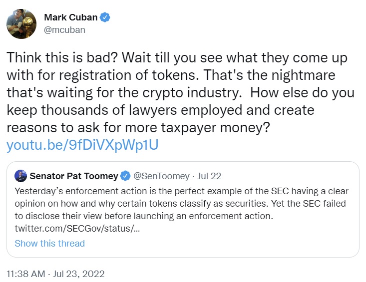 Billionaire Mark Cuban Expects SEC to Impose'Nightmare' Crypto Registration Rules