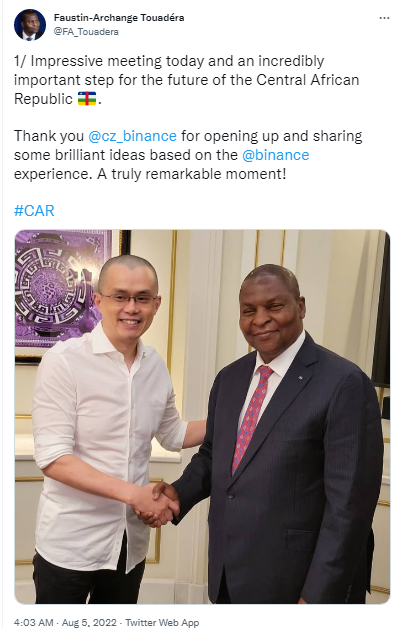 Binance CEO Meets Central African Republic Leader — President Touadéra Says Meeting Was 'a Truly Remarkable Moment'