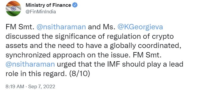 Indian Finance Minister Urges IMF to Lead in Crypto Regulation — Georgieva Says IMF Ready to Work With India
