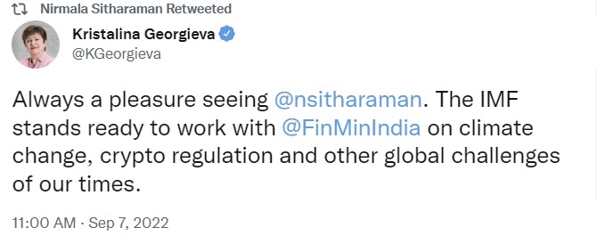 Indian Finance Minister urges IMF to take the lead in crypto regulation - Georgieva says IMF is ready to work with India