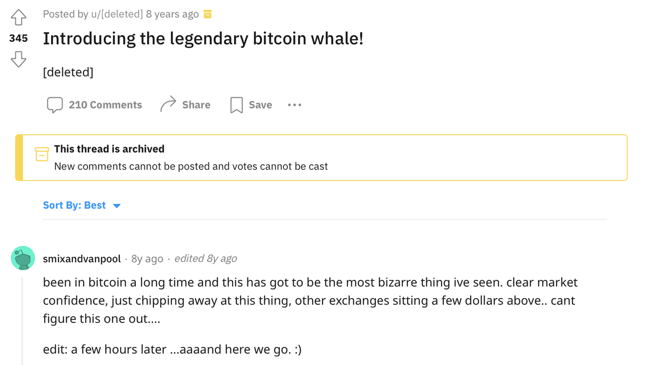 Heute vor 8 Jahren: Bitcoin-Händler haben den berüchtigten Bärenwal getötet, der 30.000 BTC in einer einzigen Transaktion abgeladen hat