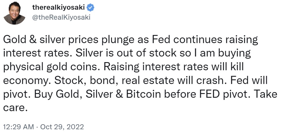 Robert Kiyosaki Warns Stocks, Bonds And Real Estate Will Crash If Fed Continues To Raise Rates, Advises Buy Bitcoin Before Fed Pivots
