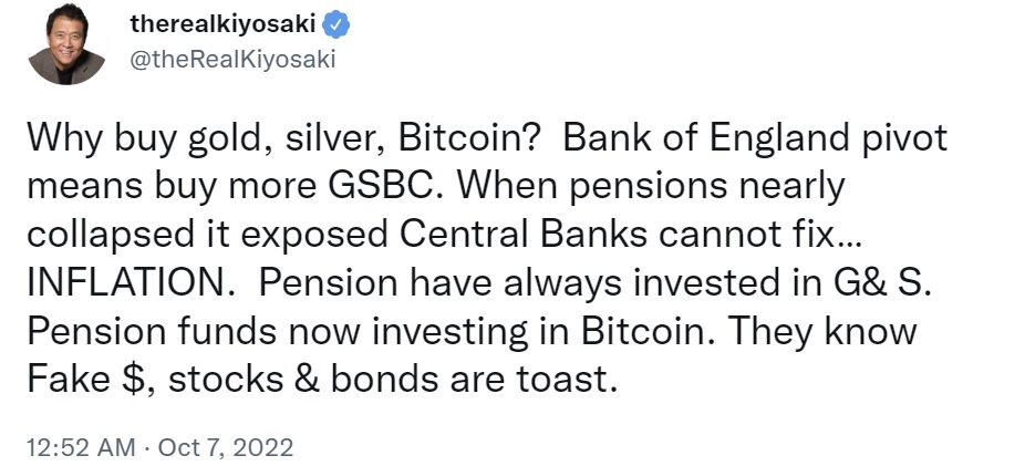Robert Kiyosaki vysvetľuje, prečo kupovať bitcoiny, citujúc penzijné fondy a infláciu.