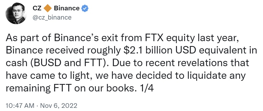 Sàn giao dịch tiền điện tử Binance bán phá giá tất cả FTX Token Holdings - CEO Cites 'Những tiết lộ gần đây'