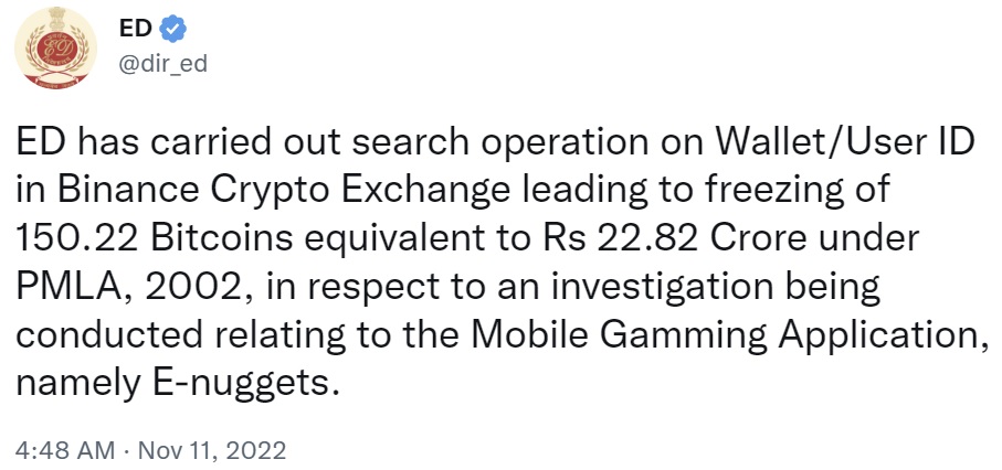 Le autorità indiane bloccano 150 bitcoin detenuti su Binance Crypto Exchange