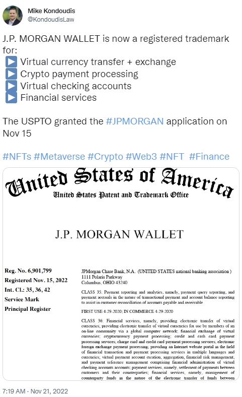 JPMorgan Chase Granted Wallet Trademark for Covering Virtual Currency and Crypto Payment Services