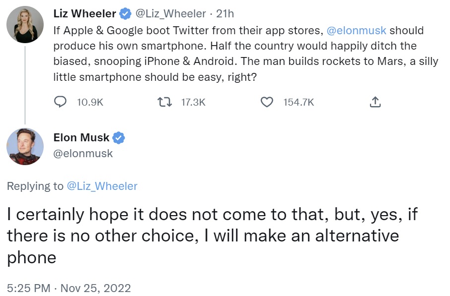 Elon Musk plans to release an alternative phone if Apple and Google remove Twitter from their app stores.