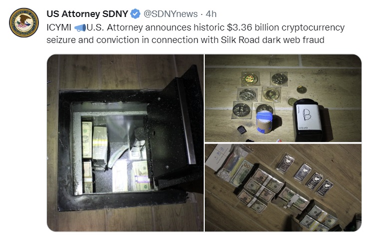 EUA anunciam 'apreensão histórica de US$ 3,36 bilhões em criptomoeda' enquanto ladrão de Bitcoin do Silk Road se declara culpado
