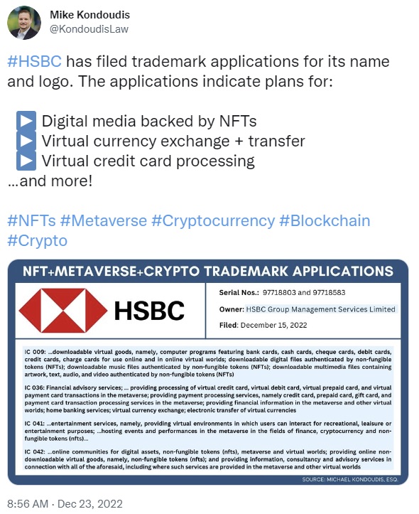 銀行大手HSBCが幅広いデジタル通貨とメタバース製品の商標を申請