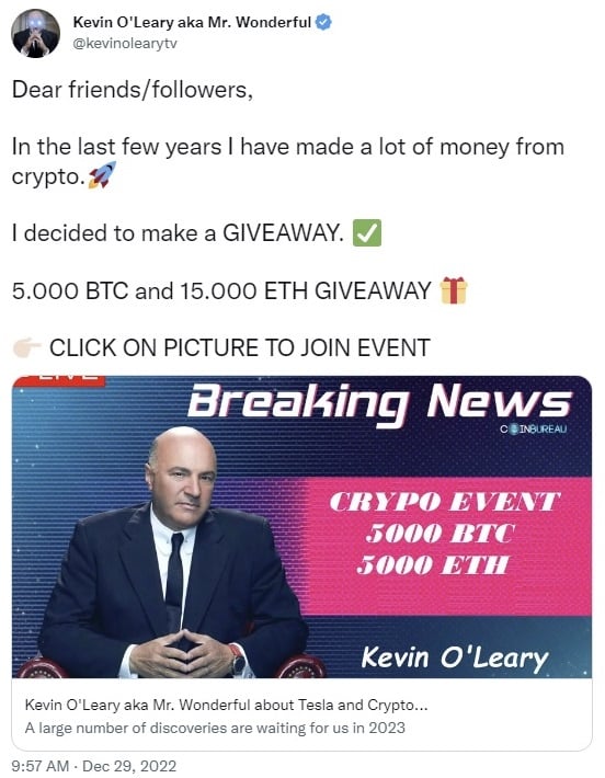 Kevin O'Leary's Twitter Account Hacked to Promote Bitcoin, Ethereum Giveaway Scam