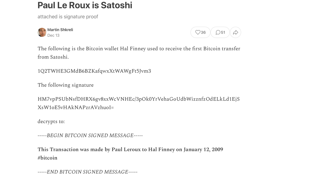 Another Mysterious Person Signs a 2009 BTC Address, Message Shared by Martin Shkreli Mentions Convicted Felon Paul Le Roux