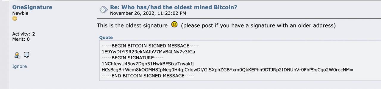 Un individuo sconosciuto ha firmato un messaggio associato al blocco 1.018 di BTC, la ricompensa è stata coniata 16 giorni dopo che Satoshi ha lanciato Bitcoin