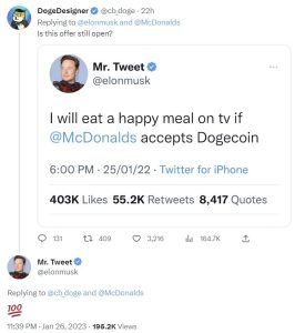 Elon Musk Reaffirms Offer to Eat Happy Meal on TV if McDonald's Accepts Dogecoin Elon Musk Reaffirms Offer to Eat Happy Meal on TV if McDonald's Accepts Dogecoin