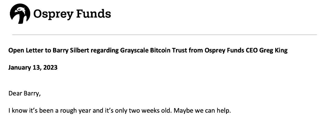 Osprey Vies for Control of Grayscale's Bitcoin Trust; Tron's Justin Sun Offers to Invest Up to $1B on DCG Assets