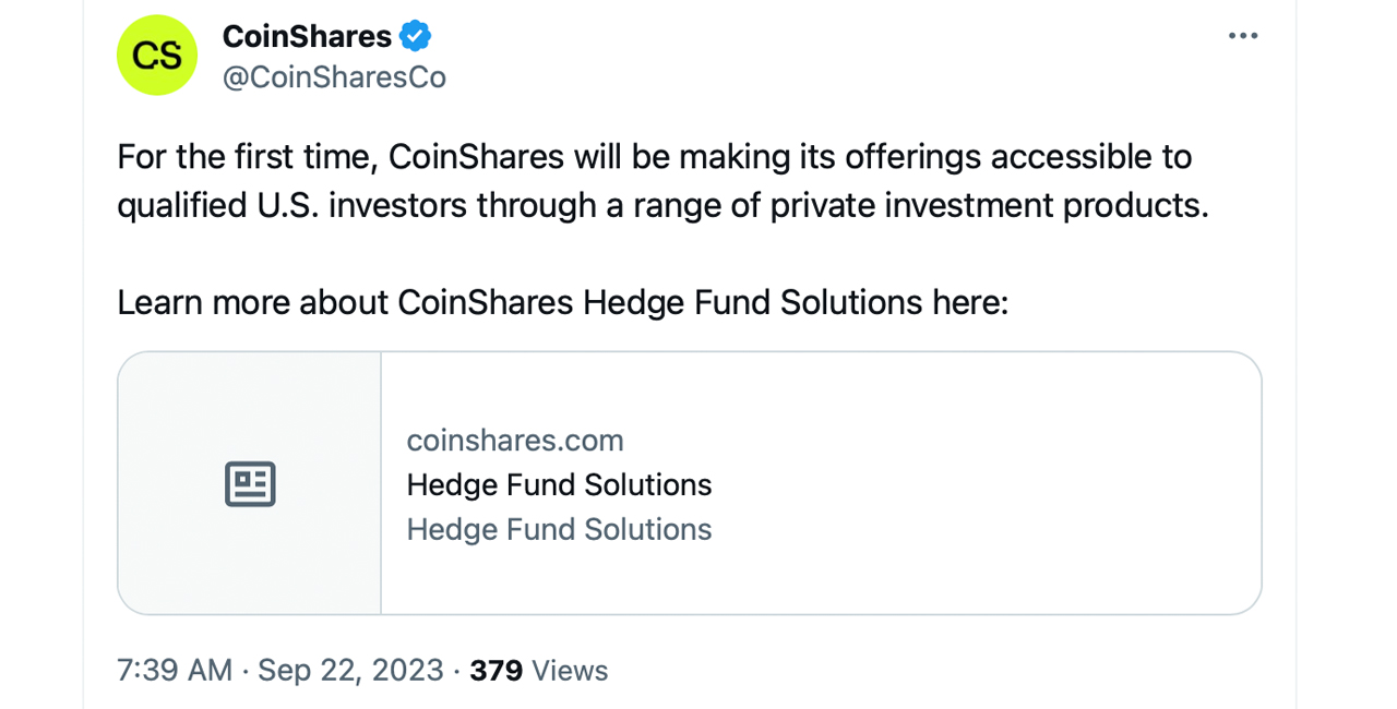 Coinshares Unveils New Crypto Hedge Fund Division, Widens Institutional Services to US