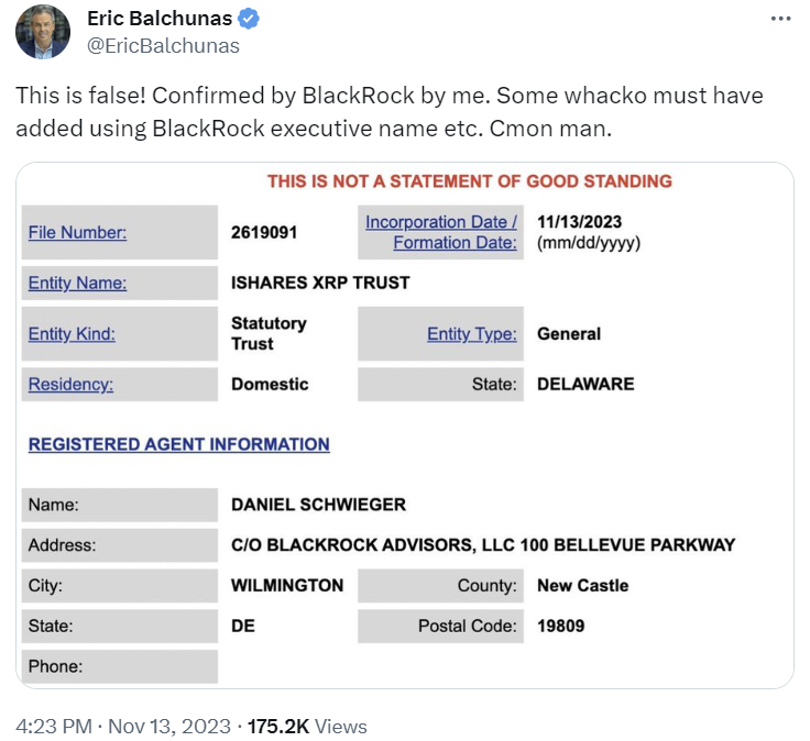 Blackrock Confirms News of XRP ETF Filing Is Fake