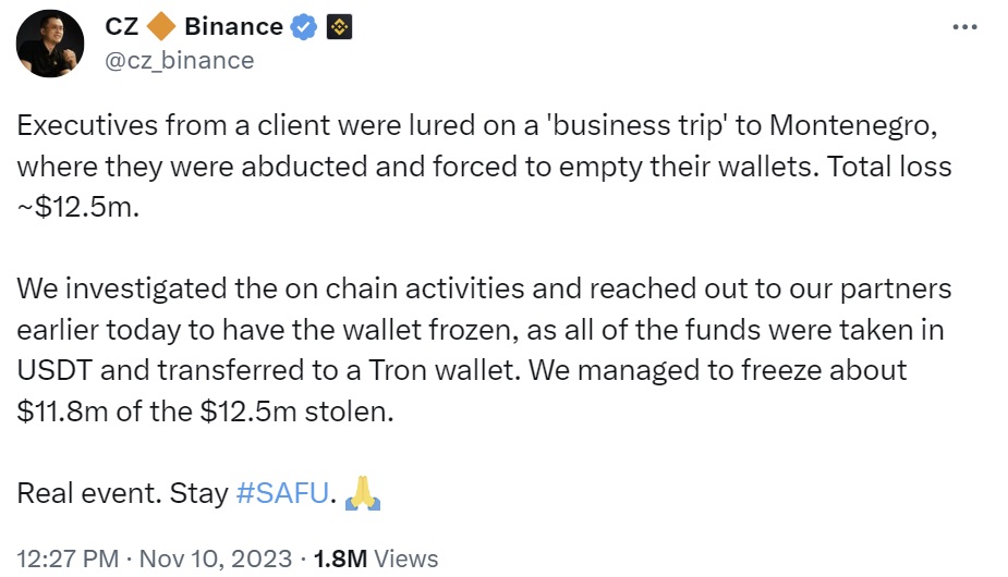 Binance Client Executives Kidnapped, Forced to Empty Crypto Wallets — CZ Says Total Loss Was $12.5 Million