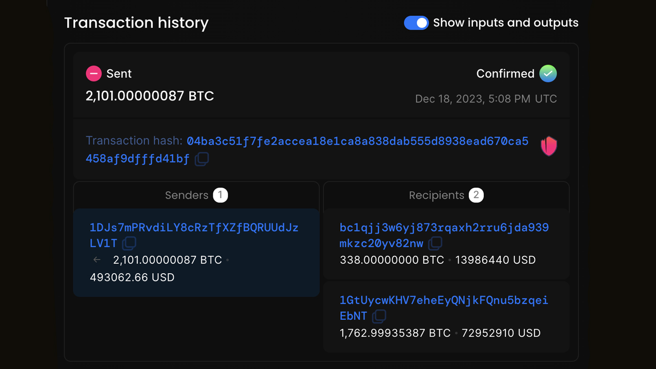 Таинственный кит 2015 года перемещает 2,101 BTC, переворачивая $88 млн в биткойнах Таинственный кит 2015 года перемещает 2,101 BTC, переворачивая $88 млн в биткойнах