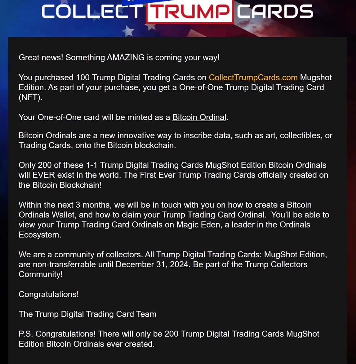 Ex-Präsident Trump startet limitierte Edition von Karten auf der Bitcoin-Blockchain über Ordinaltechnologie Ex-Präsident Trump startet limitierte Edition von Karten auf der Bitcoin-Blockchain über Ordinaltechnologie