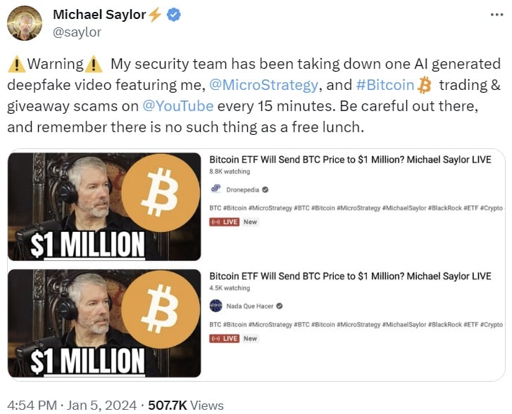 Michael Saylor Warns of Deepfake Bitcoin Giveaway Scams Featuring Him and Microstrategy