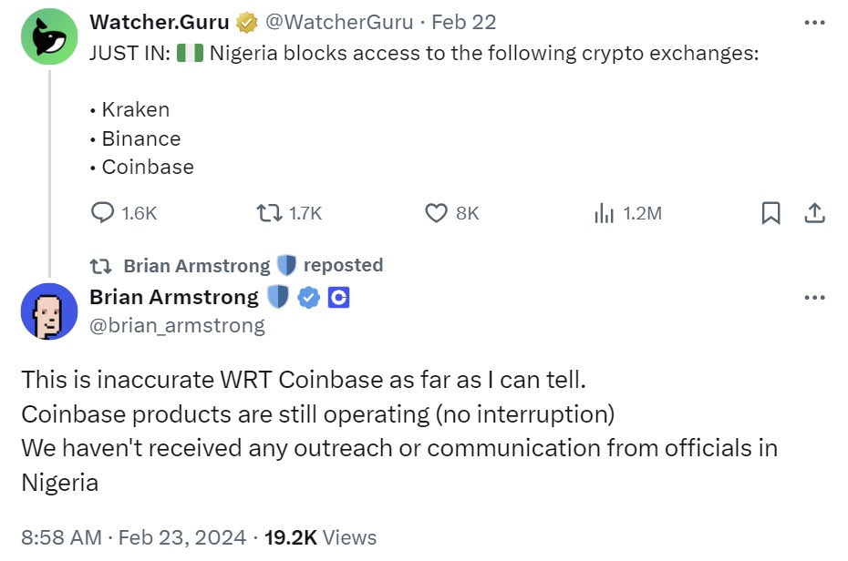 Генеральный директор Coinbase сообщает, что доступ в Нигерии не заблокирован, платформа работает нормально