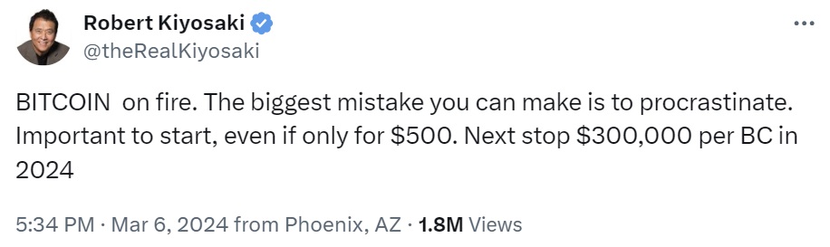 Robert Kiyosaki: Bitcoin 'en Llamas' — BTC Camino a $300K Este Año Robert Kiyosaki: Bitcoin 'en Llamas' — BTC Camino a $300K Este Año