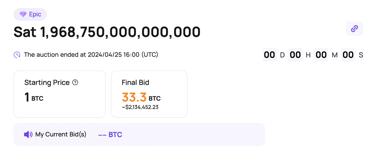 'Epic Satoshi' From Bitcoin's 4th Halving Fetches Over $2.13 Million at Coinex Auction 'Epic Satoshi' From Bitcoin's 4th Halving Fetches Over $2.13 Million at Coinex Auction