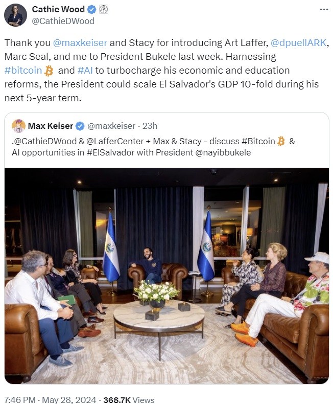 Ark CEO Cathie Wood Talks Bitcoin With El Salvador's President — Applauds His Vision for BTC Hub Ark CEO Cathie Wood Talks Bitcoin With El Salvador's President — Applauds His Vision for BTC Hub