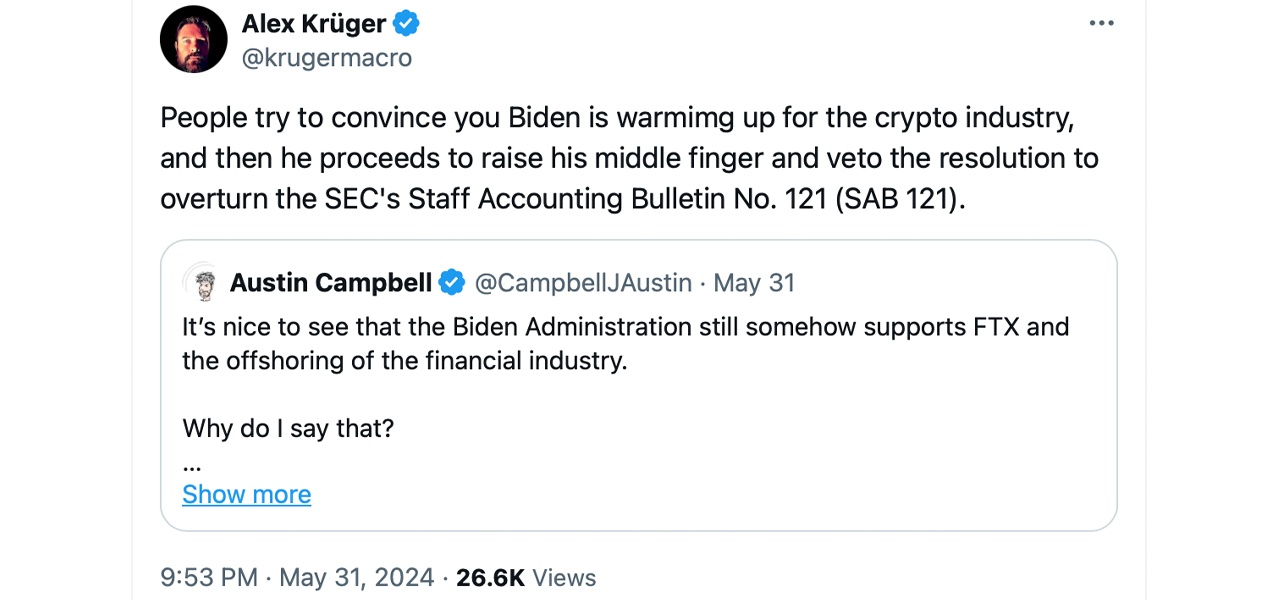 Reacción de los votantes cripto: cómo el veto de Biden puede haberle costado la elección de 2024 Reacción de los votantes cripto: cómo el veto de Biden puede haberle costado la elección de 2024