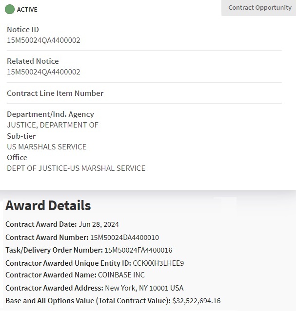 DOJ Selecciona a Coinbase para Proporcionar Servicios de Cripto a Servicio de Alguaciles de EE.UU. DOJ Selecciona a Coinbase para Proporcionar Servicios de Cripto a Servicio de Alguaciles de EE.UU.