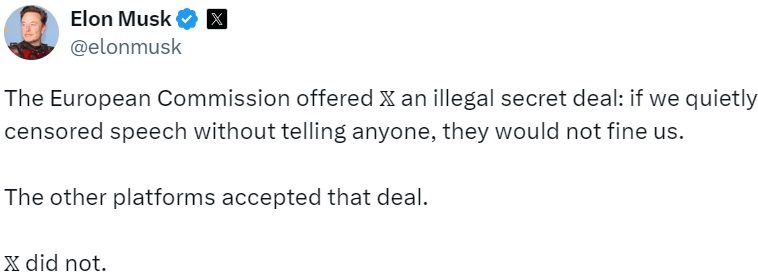 Elon Musk Exposes Secret EU Censorship Deal Proposal Elon Musk Exposes Secret EU Censorship Deal Proposal