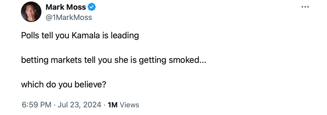 Harris vs. Trump: Umfragen zeigen enges Rennen, während Wett- und Vorhersagemärkte Trump bevorzugen Harris vs. Trump: Umfragen zeigen enges Rennen, während Wett- und Vorhersagemärkte Trump bevorzugen