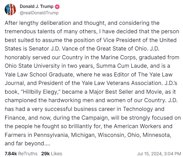 Trump Elige al Defensor de Cripto Senador JD Vance como Compañero de Fórmula Trump Elige al Defensor de Cripto Senador JD Vance como Compañero de Fórmula