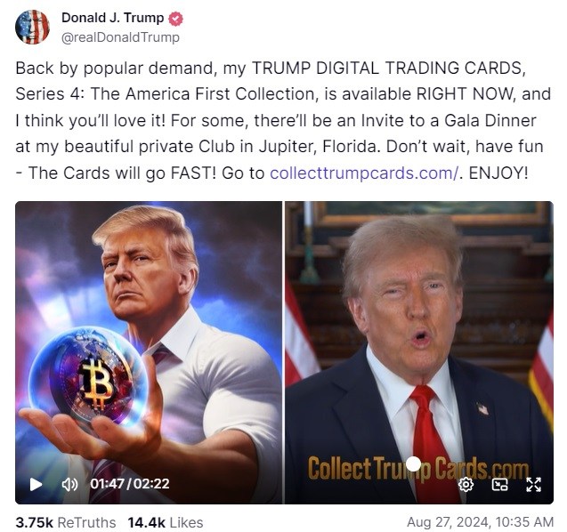 Donald Trump lança a 4ª coleção NFT apresentando ele segurando Bitcoin – diz ‘They Call Me Crypto President’