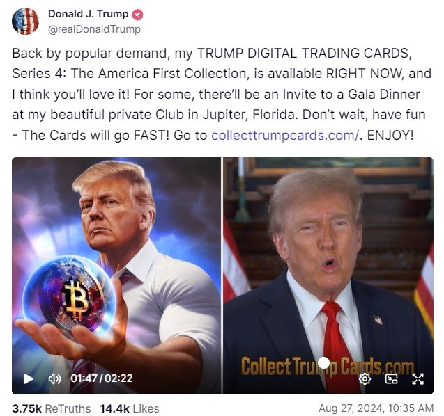 Donald Trump Launches 4th NFT Collection Featuring Him Holding Bitcoin — Says 'They Call Me Crypto President' Donald Trump Launches 4th NFT Collection Featuring Him Holding Bitcoin — Says 'They Call Me Crypto President'
