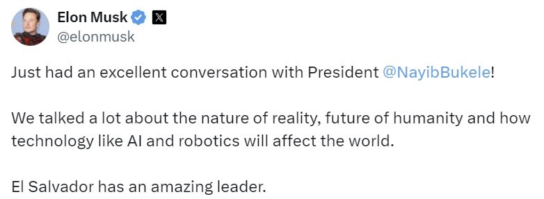 Nayib Bukele y Elon Musk Discuten la IA, la Robótica y el Futuro de la Humanidad Nayib Bukele y Elon Musk Discuten la IA, la Robótica y el Futuro de la Humanidad