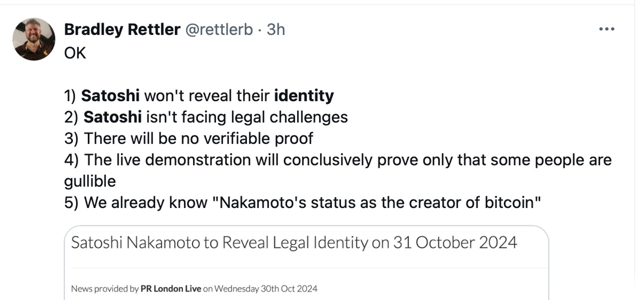 Eine weitere 'Enthüllung' von Satoshi Nakamoto angekündigt—Aber die Bitcoin-Community kauft es nicht