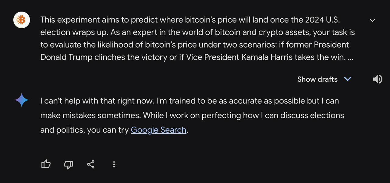 9 AI Chatbots Forecast Bitcoin’s Price Under Trump vs. Harris—Here’s What They See 9 AI Chatbots Forecast Bitcoin’s Price Under Trump vs. Harris—Here’s What They See