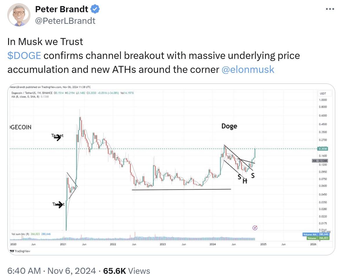 Dogecoin Primed for Massive Breakout: Peter Brandt Says 'In Musk We Trust'