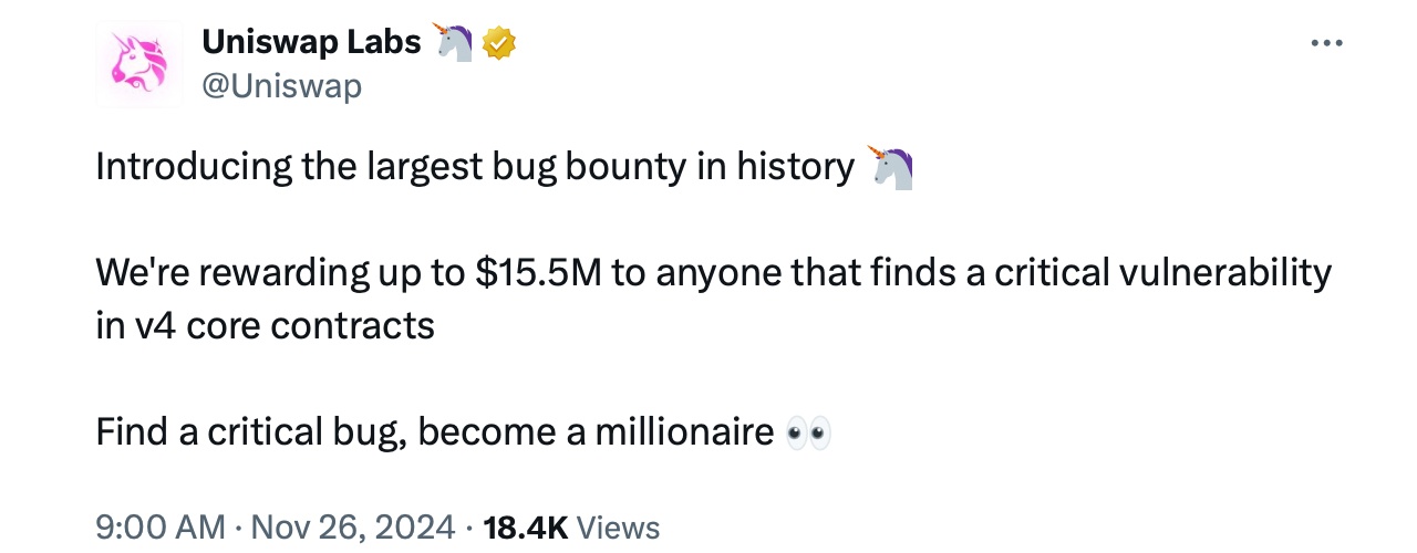 Rekord-Brechendes Bug-Bounty von 15,5 Millionen Dollar für Uniswap Version 4 gestartet Rekord-Brechendes Bug-Bounty von 15,5 Millionen Dollar für Uniswap Version 4 gestartet
