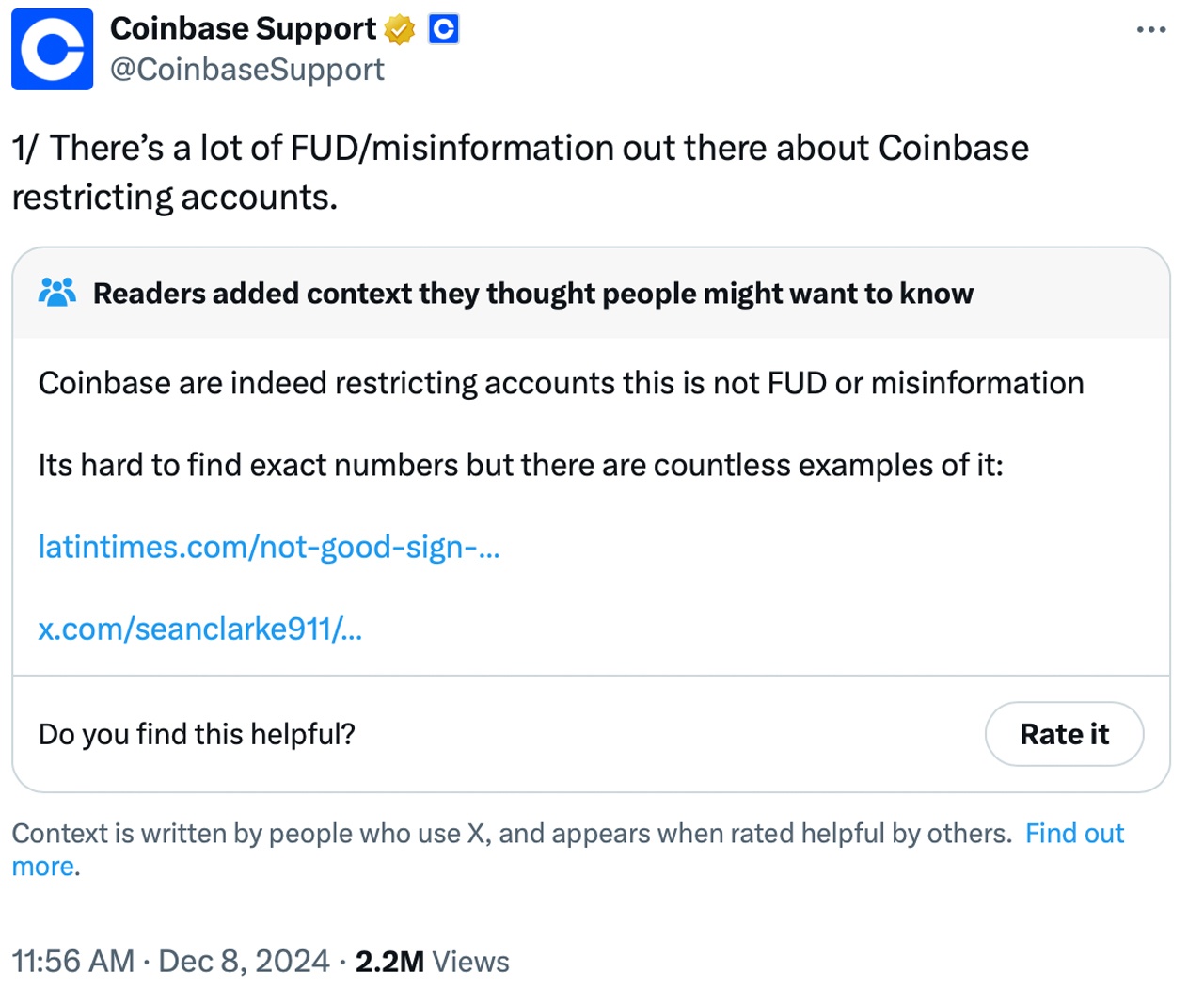 コミュニティノートがCoinbaseのアカウント苦情への対応に異議 コミュニティノートがCoinbaseのアカウント苦情への対応に異議