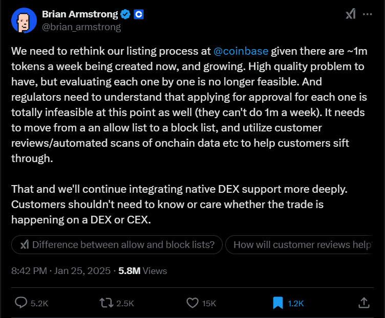 Coinbase Vom Ansturm Von ‘Einer Million Tokens pro Woche’ Überwältigt, Sagt CEO