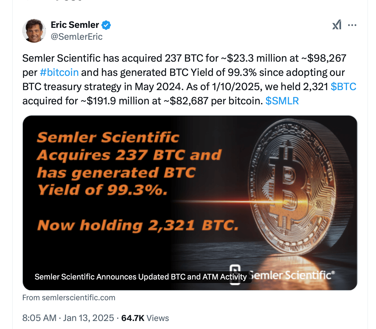 شركة Semler Scientific توسع مقتنياتها من البيتكوين لأكثر من 2300 BTC شركة Semler Scientific توسع مقتنياتها من البيتكوين لأكثر من 2300 BTC