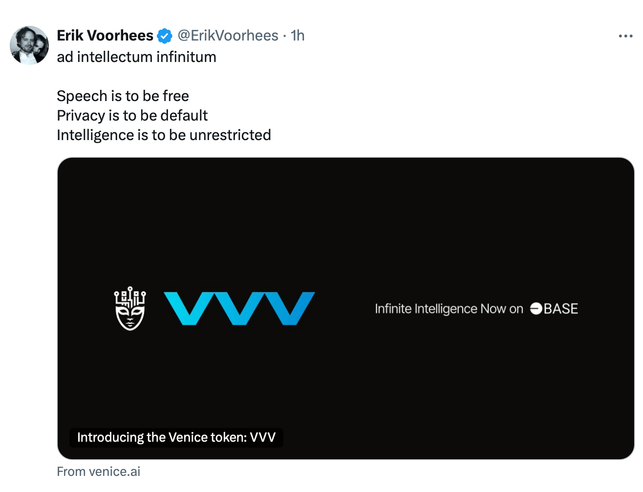 Erik Voorhees’in Venice.ai’si AI Sansürüne, Gözetimine Karşı VVV Tokenini Piyasaya Sürdü Erik Voorhees’in Venice.ai’si AI Sansürüne, Gözetimine Karşı VVV Tokenini Piyasaya Sürdü