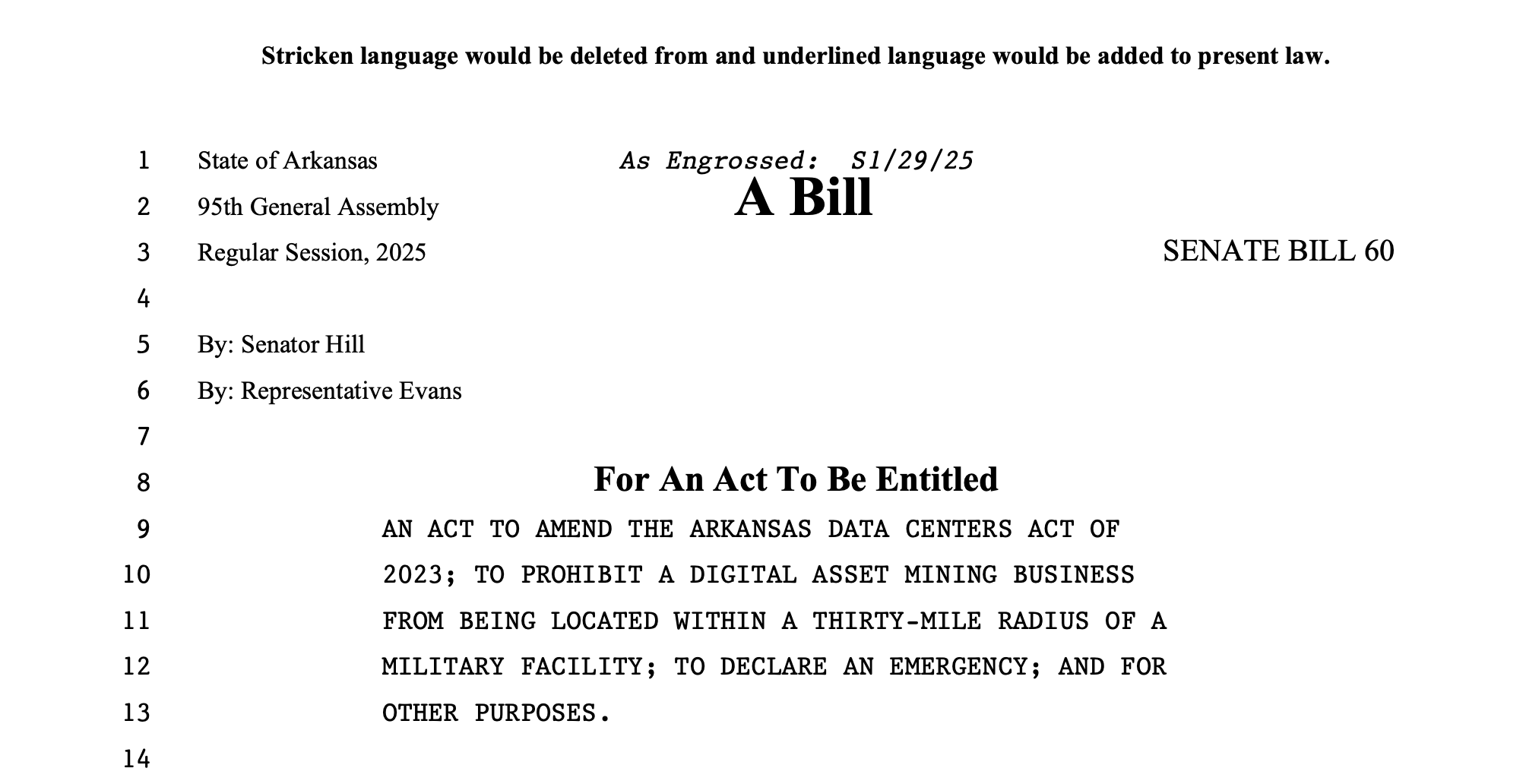 Il Senato dell'Arkansas respinge il disegno di legge che limita il mining di Bitcoin vicino a siti militari Il Senato dell'Arkansas respinge il disegno di legge che limita il mining di Bitcoin vicino a siti militari